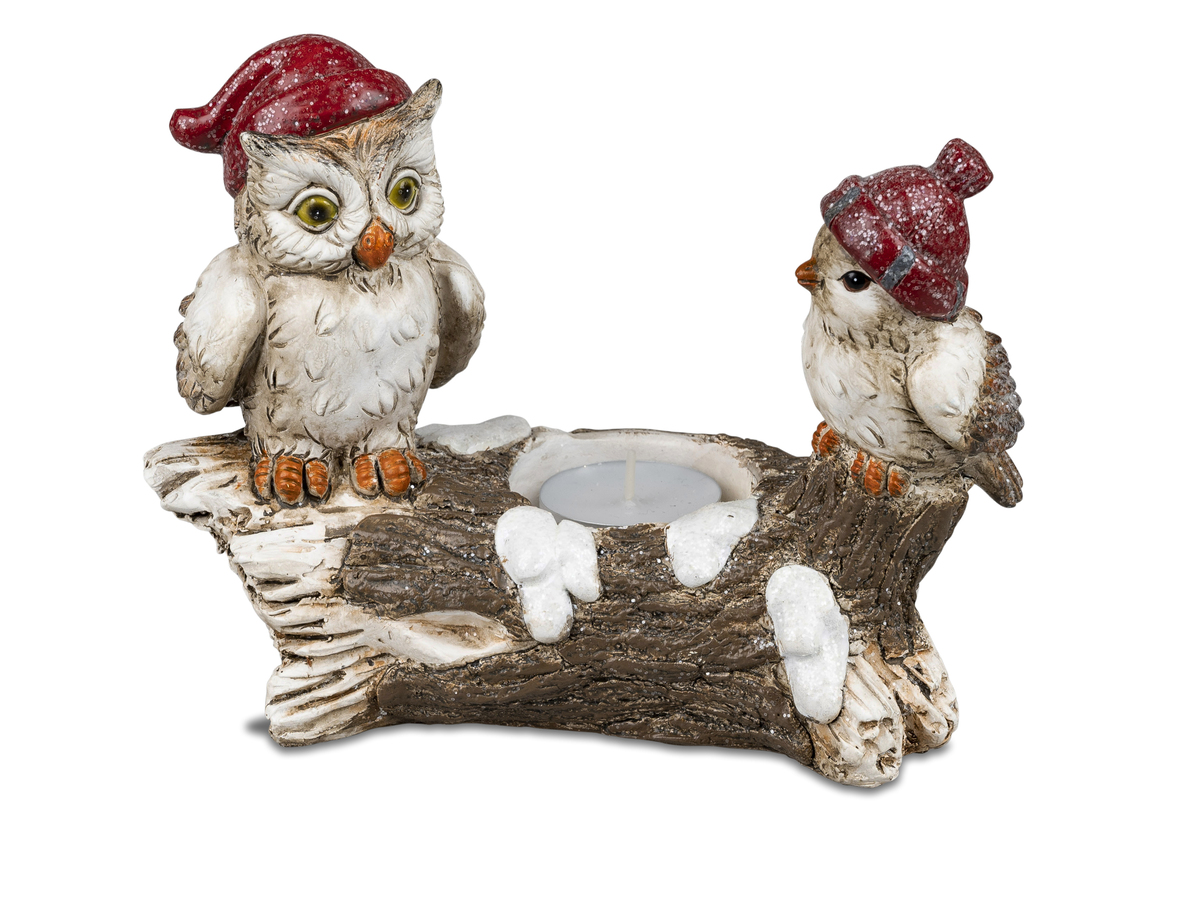 Handbemalter Teelichtleuchter mit Eule und Vogel auf Zweig (19x15cm) aus Kunststein