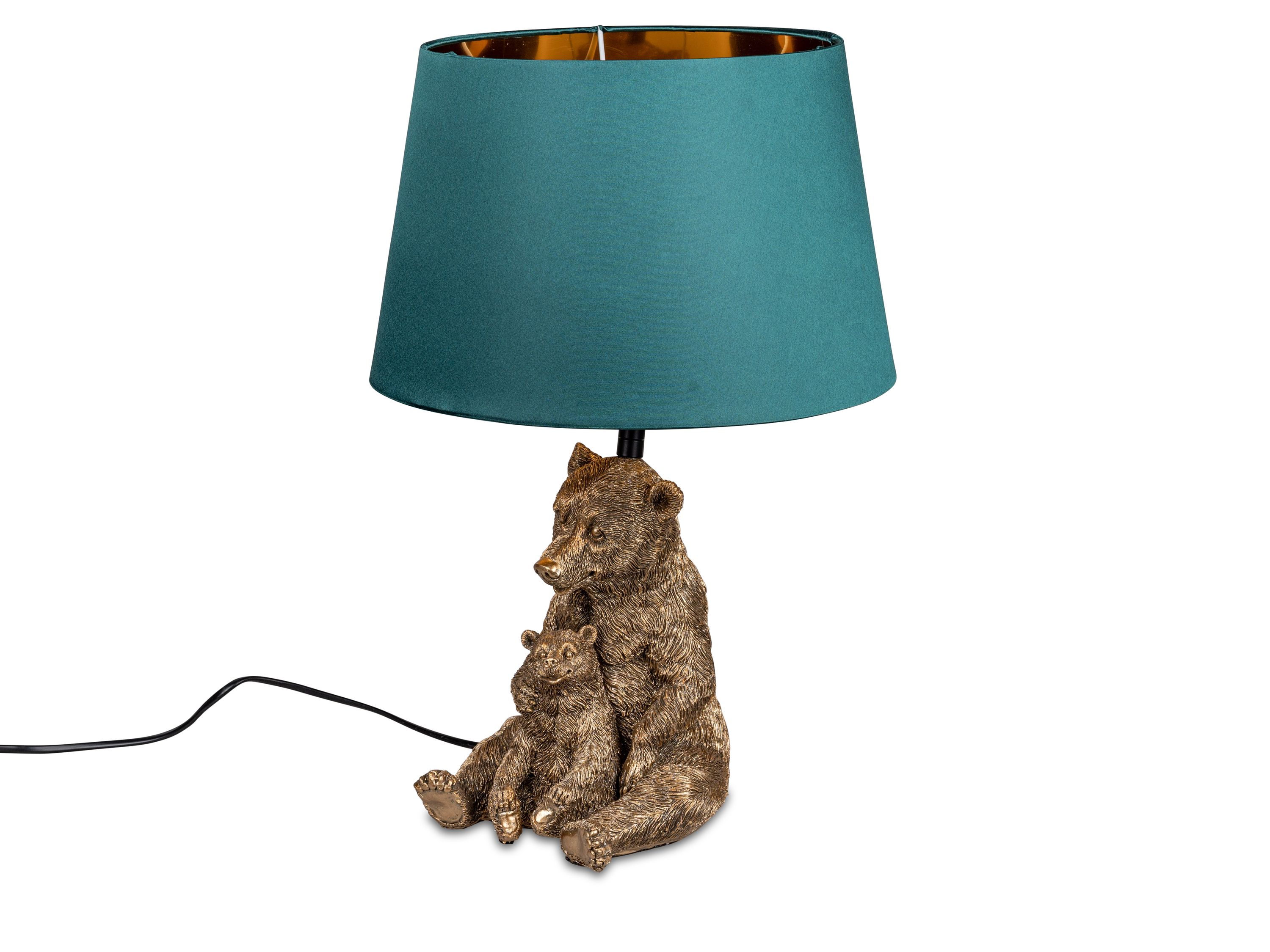 Lampe Bären sitzend antik-gold 46cm, Kunststein, petrol-gold Stoffschirm