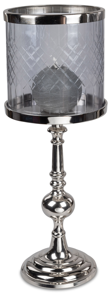 Elegantes Windlicht auf Fuß mit Glasaufsatz, 62 cm – Silbernes Aluminium