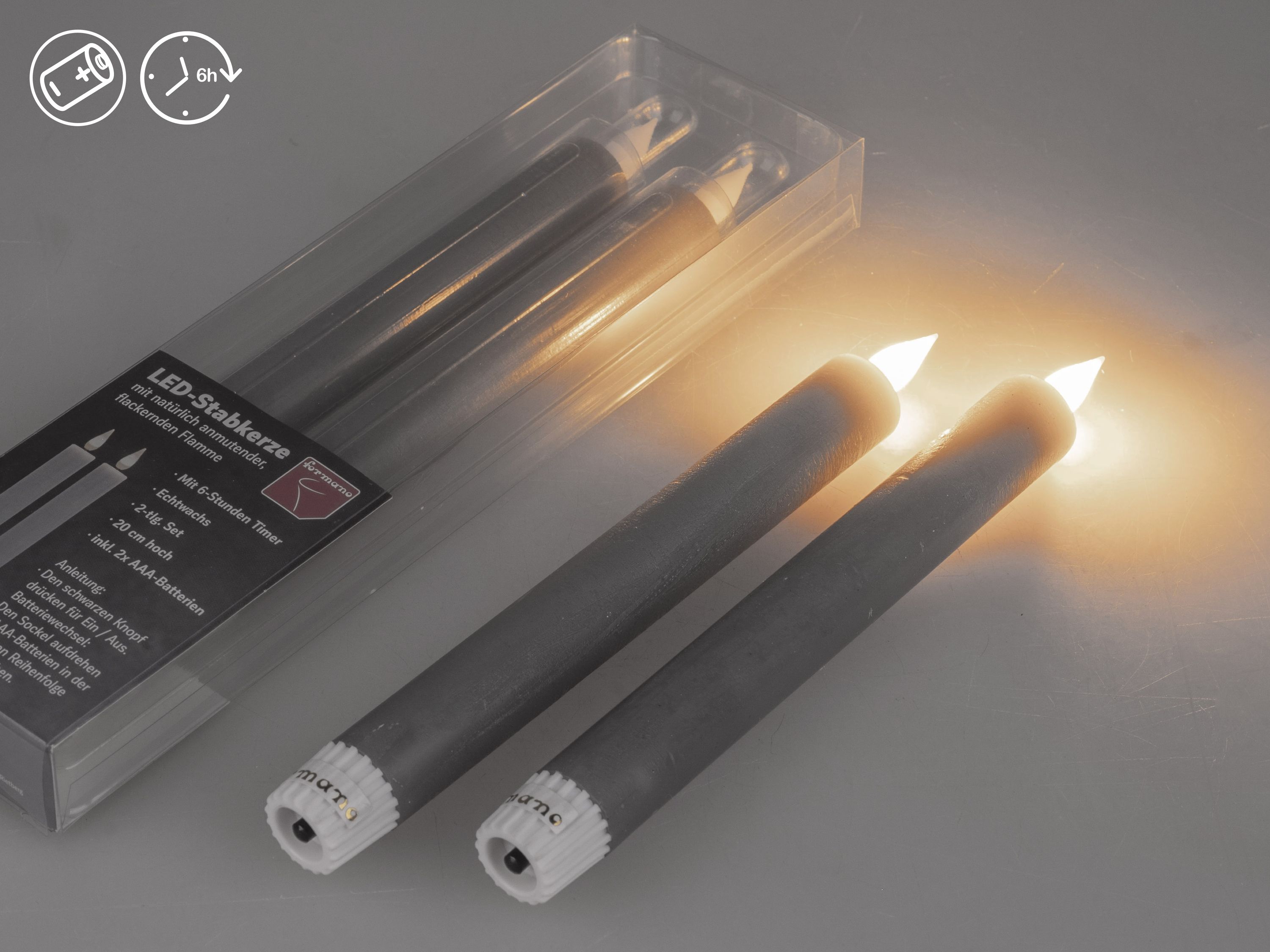 Set mit 2 LED-Wachsspitzkerzen in Grau - 20 cm, mit Timerfunktion