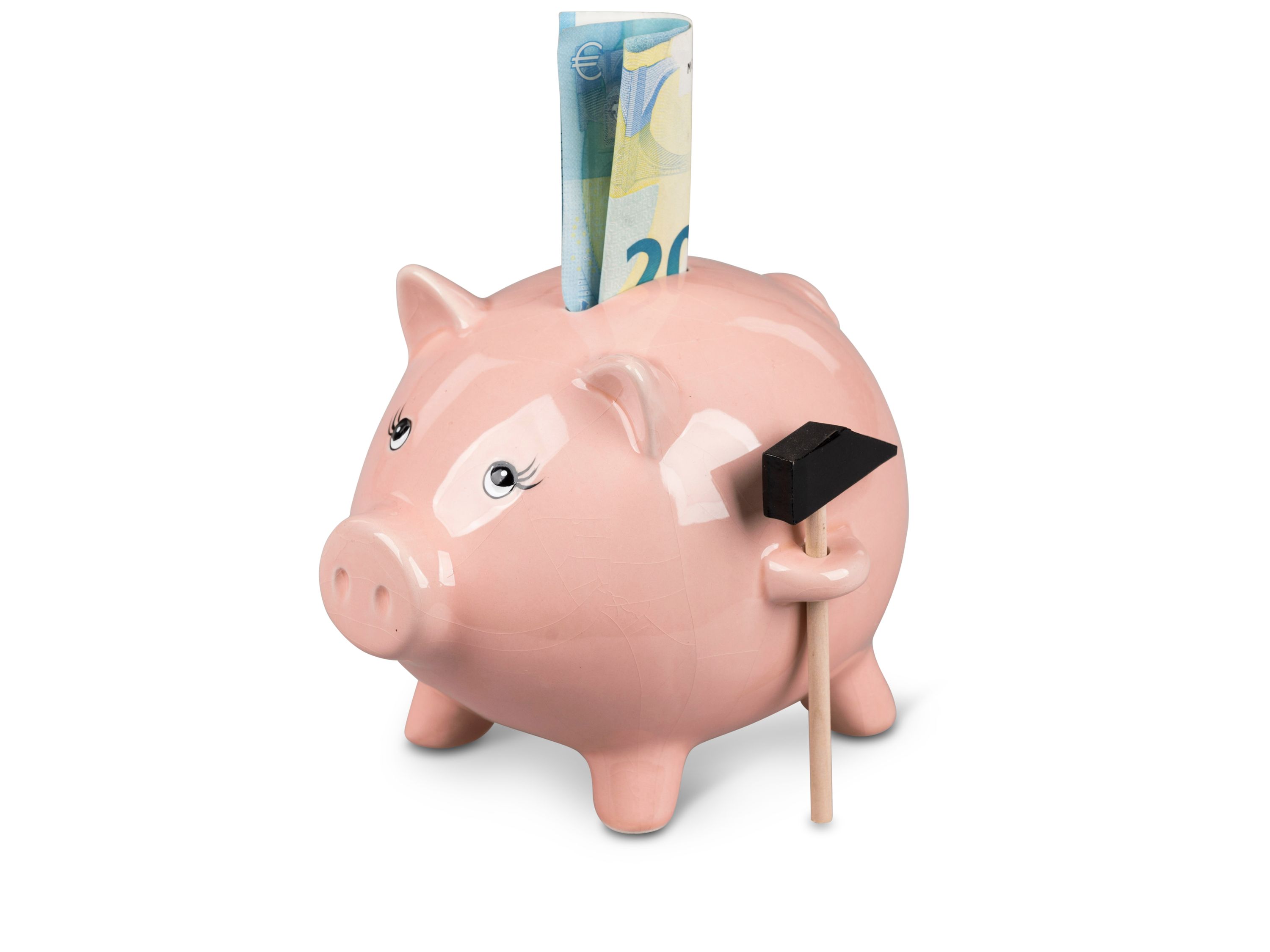 Handbemalte Spardose Schwein mit Hammer – 16x12cm, aus glasiertem Steingut