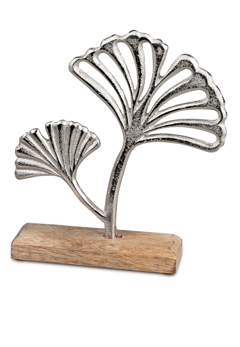 Gingkoblatt-Skulptur auf Sockel, 22x20 cm, Silber-Aluminium & Mangoholz