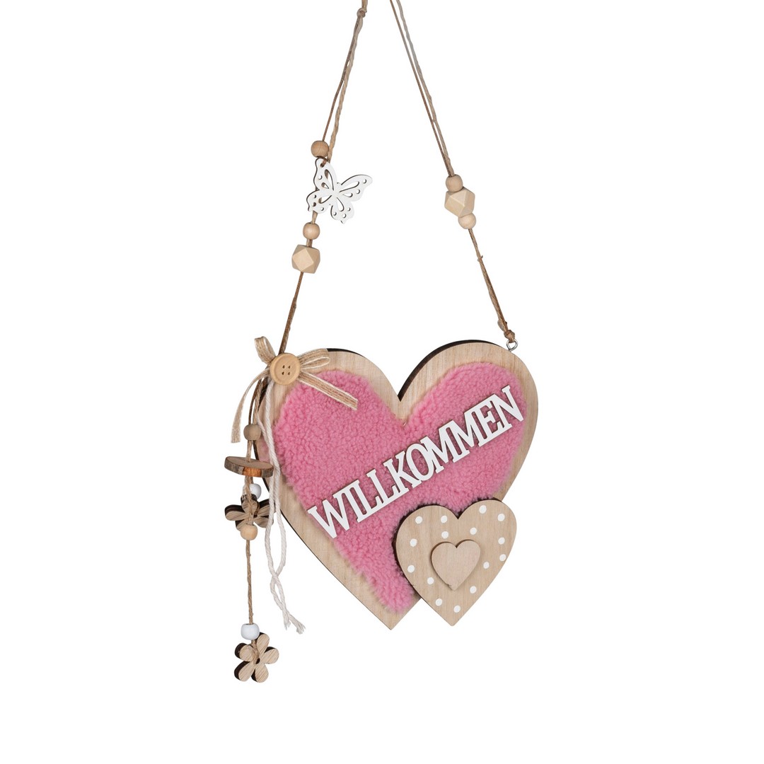 Hänger Herz ca. 20cm aus Holz mit rosa Wolle kombiniert, Dekor beidseitig