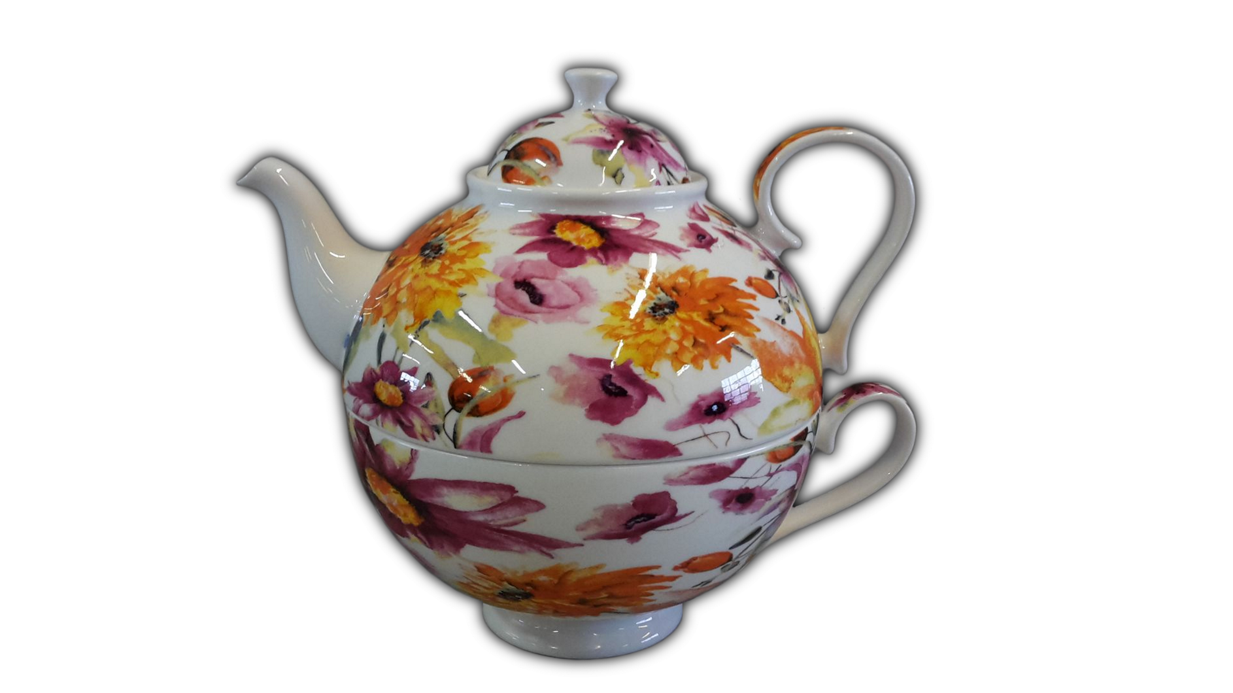 Teeset Tea for one Kanne und Tasse aus Brillantporzellan Dekor Sommerwiese