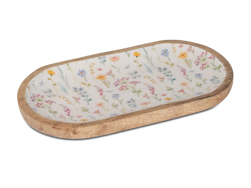 Deko-Platte oval – 30x16 cm, Mango-Holz mit Emaille & Blumendekor
