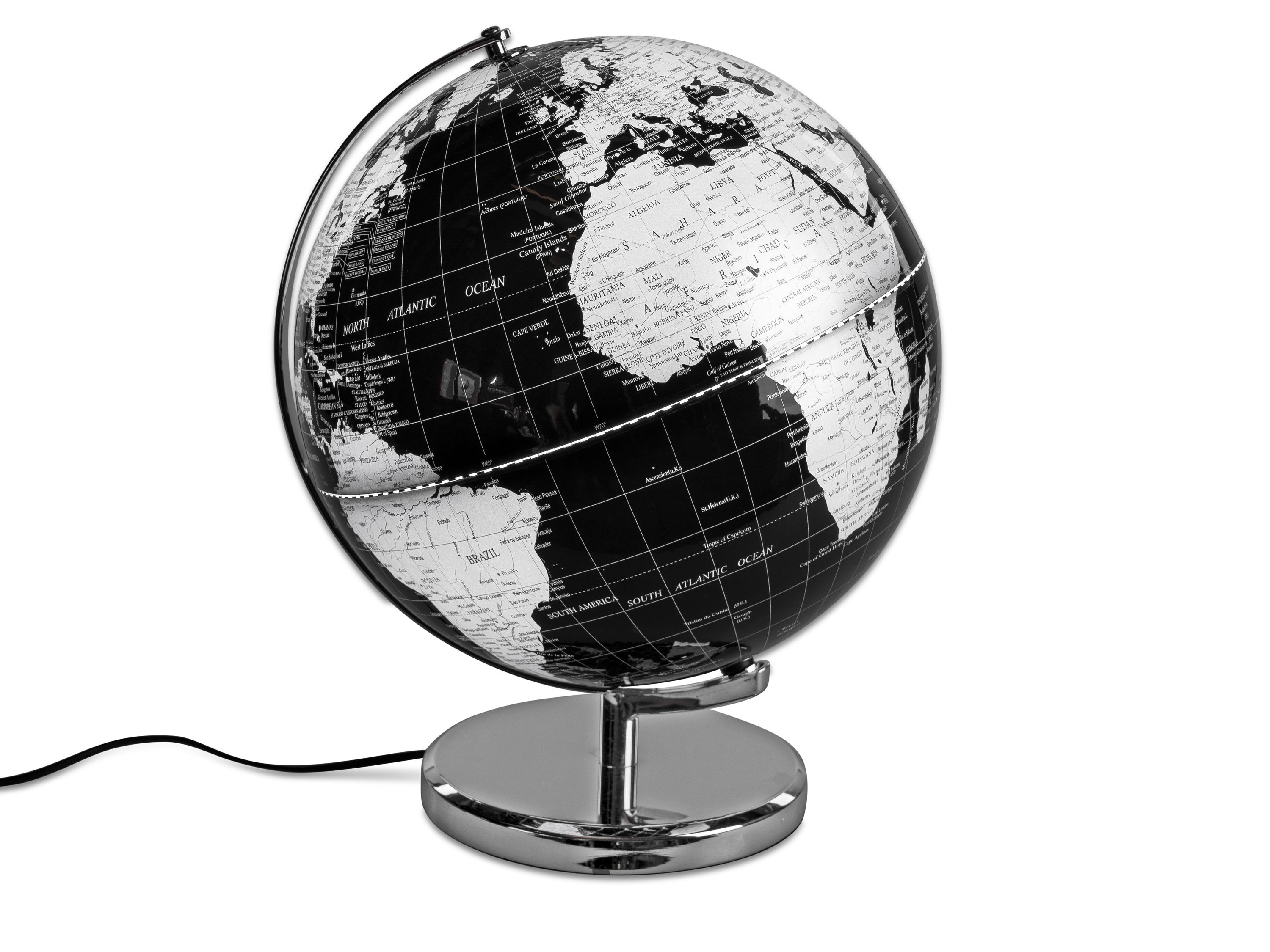 Globus schwarz-silber mit Licht 32cm auf glänzendem Metallfuß