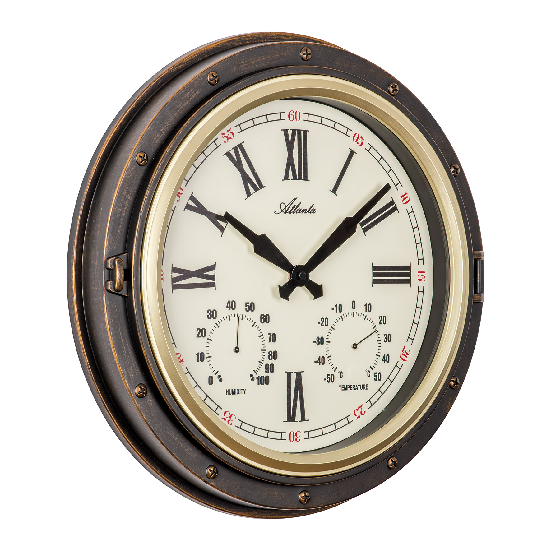 Maritime Wanduhr im Bullaugen-Design – 40 cm, Quarzwerk, mit Temperatur- und Luftfeuchtigkeitsanzeige, für Innen- und Außenbereich