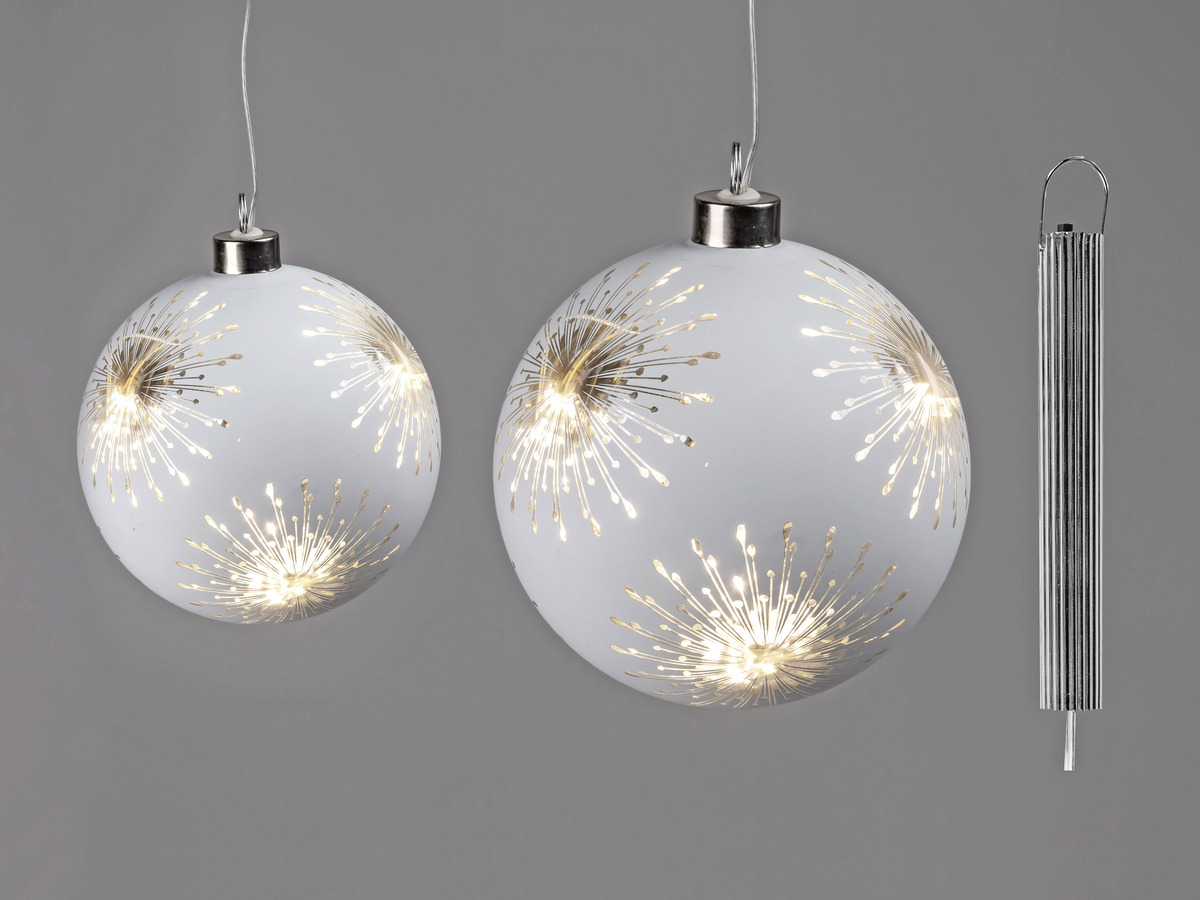 Dekorative Hängekugel Weiß mit LED-Licht und Timer, 10cm aus Farbglas, Batteriebetrieben