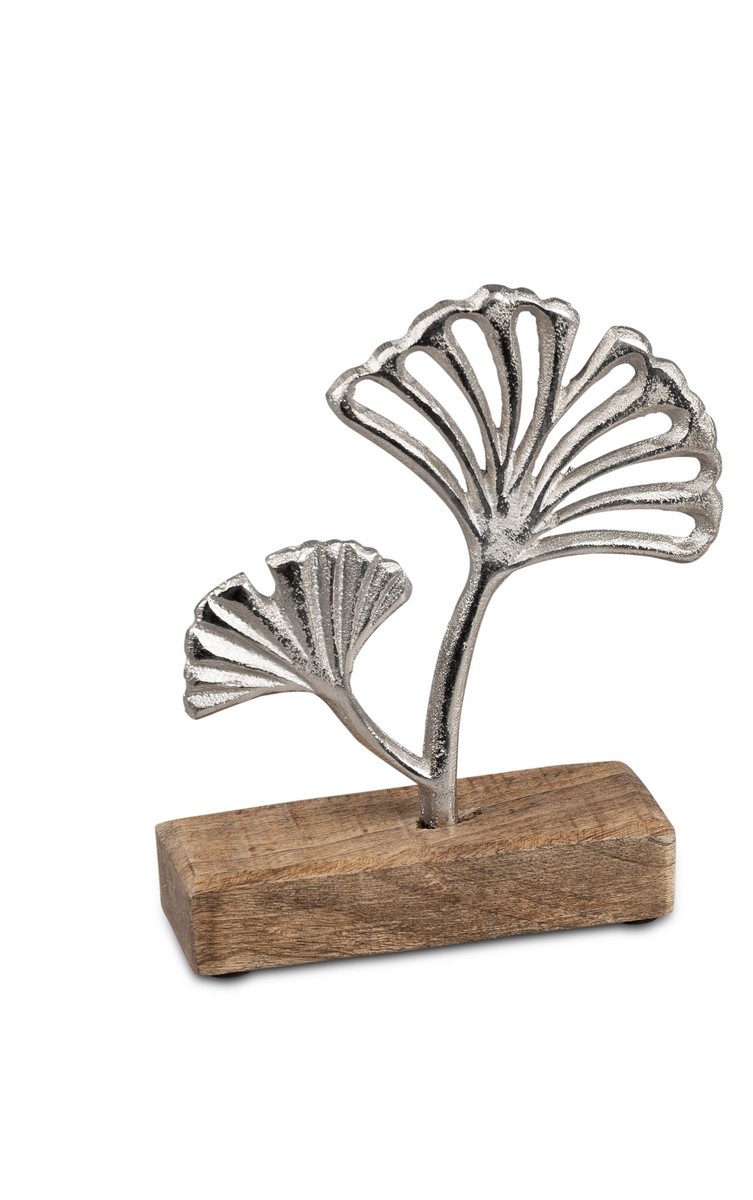 Kompakte Gingkoblatt-Skulptur, 16x15 cm, Silber-Aluminium & Mangoholz