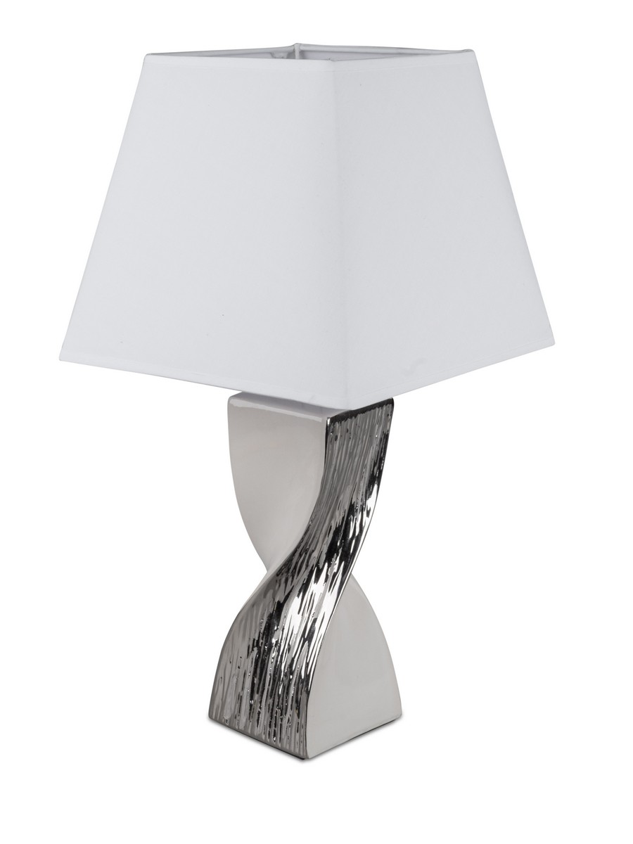 Gedrehte Tischlampe 45 cm in Weiß-Silber – Keramik-Fuß mit Silbernem Relief und Eckigem Stoffschirm