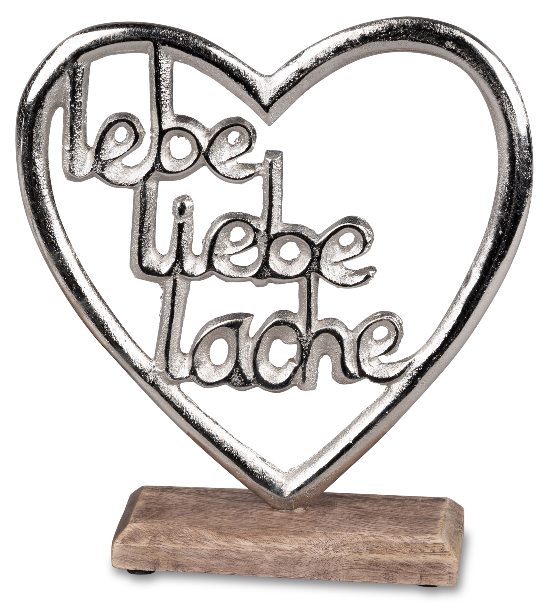 Schriftzug „Lebe, Liebe, Lache“ im Herz – 20cm – Aluminium & Mangoholz