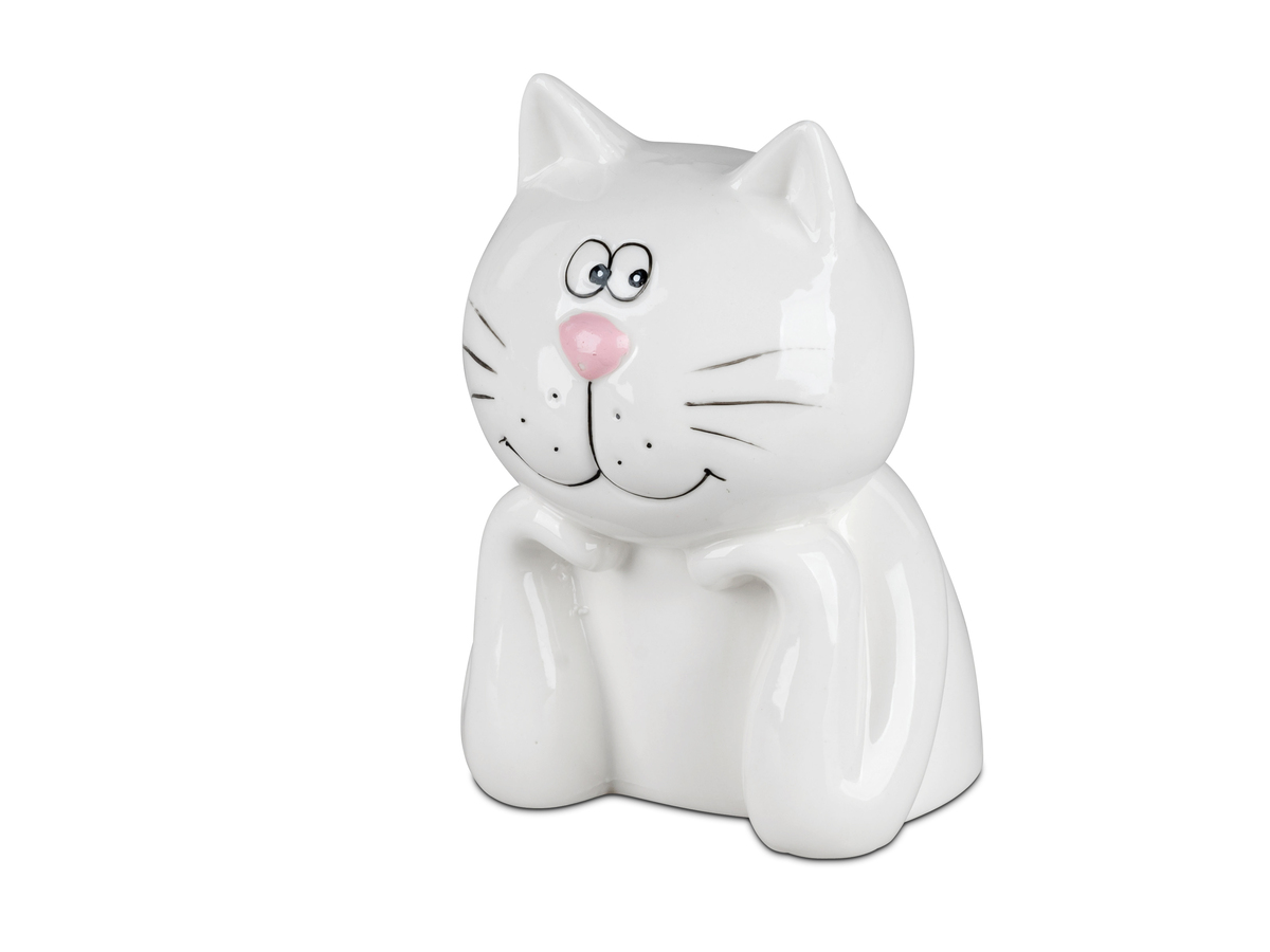 Handbemalte Spardose "Katze" aus weiß-glasiertem Porzellan, 12 cm