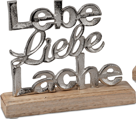 Deko-Schriftzug 18cm „Lebe, Liebe, Lache“ auf Mangoholzsockel