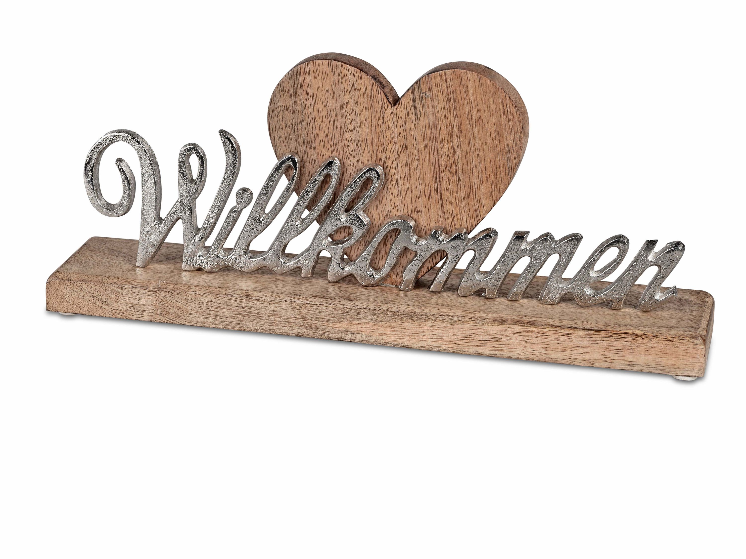 Willkommen-Schild auf Mangoholzsockel – 36x14cm, Silber und Holz