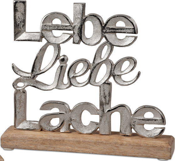Deko-Schriftzug 24cm „Lebe, Liebe, Lache“ auf Mangoholzsockel