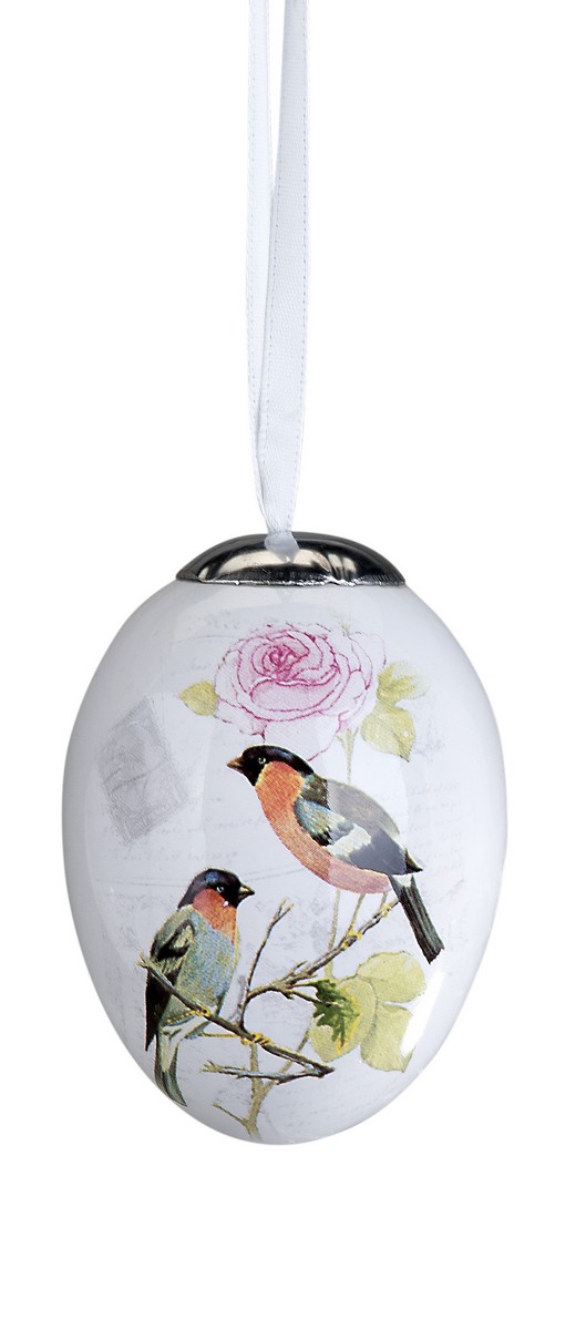 Deko -Ei hängend  ca.7cm, Vogel  aus glasiertem Steingut mit Lithografie-Dekor verziert