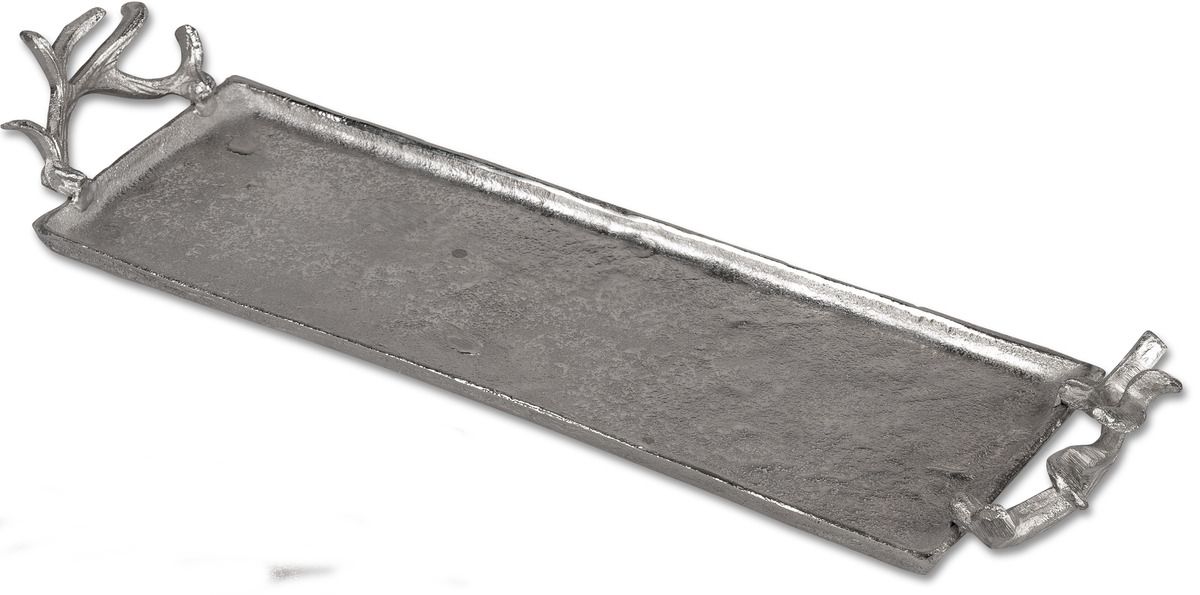 Rechteckiges Tablett mit Geweih-Griffen, 56x18 cm – Silbernes Aluminium mit gehämmerter Oberfläche