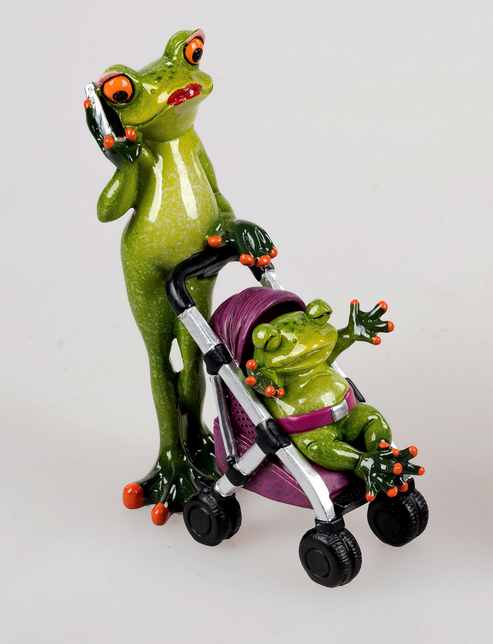 Frosch Frau mit Buggy + Baby, lila, ca. 17cm