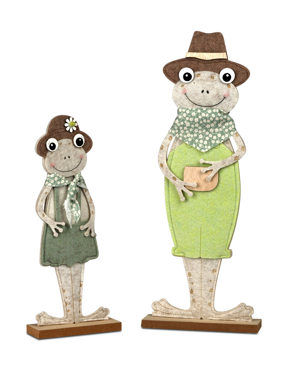 Frosch-Charmeur auf Holz-Sockel – Frühlingshafte Filzfigur 42cm