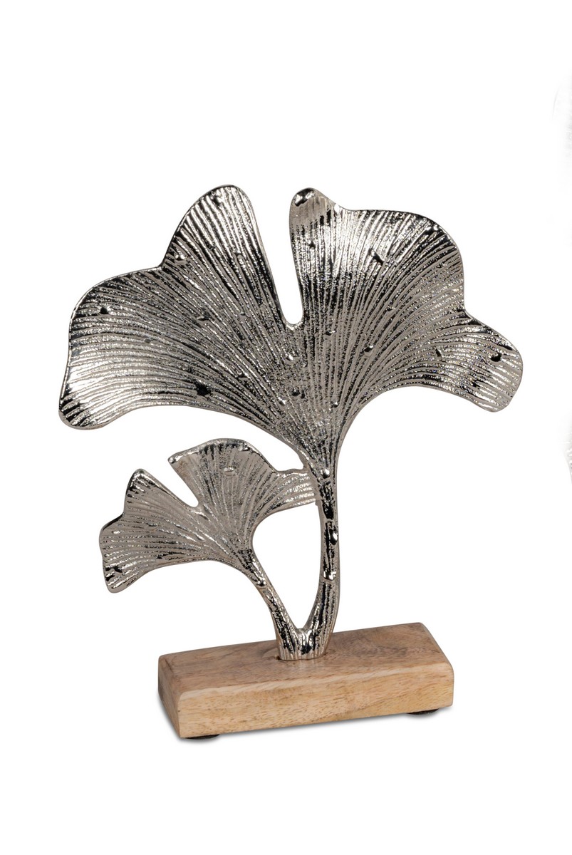 Gingkoblatt auf Sockel 17x19cm aus silbernem Aluminium mit Mangoholz kombiniert