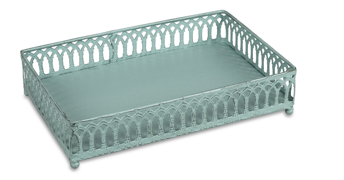 Elegantes Metall-Tablett mit Durchbruch-Rand –  34x24cm, Grün matt lackiert