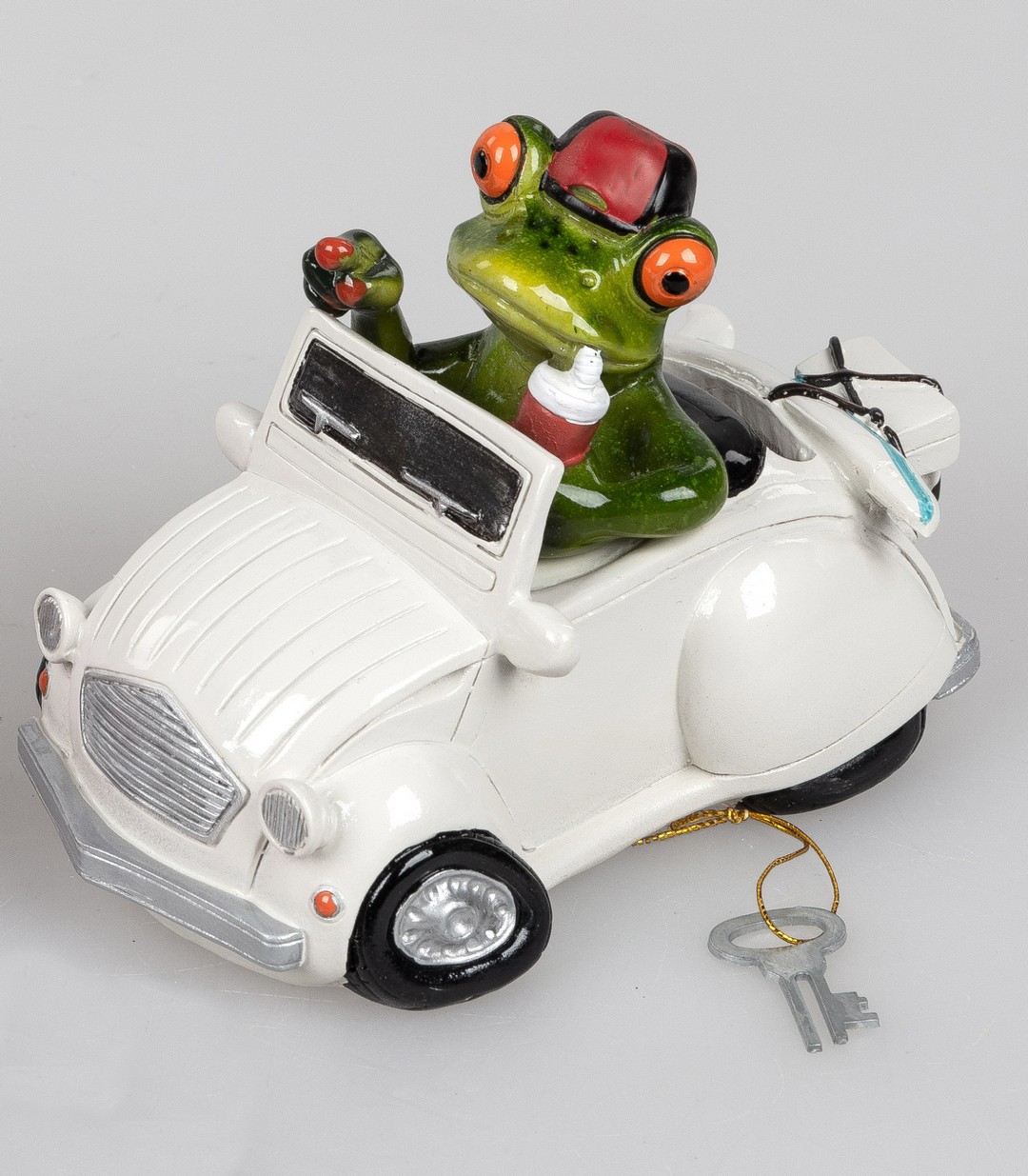 Frosch im Auto als Spardose, weiß, ca. 15cm