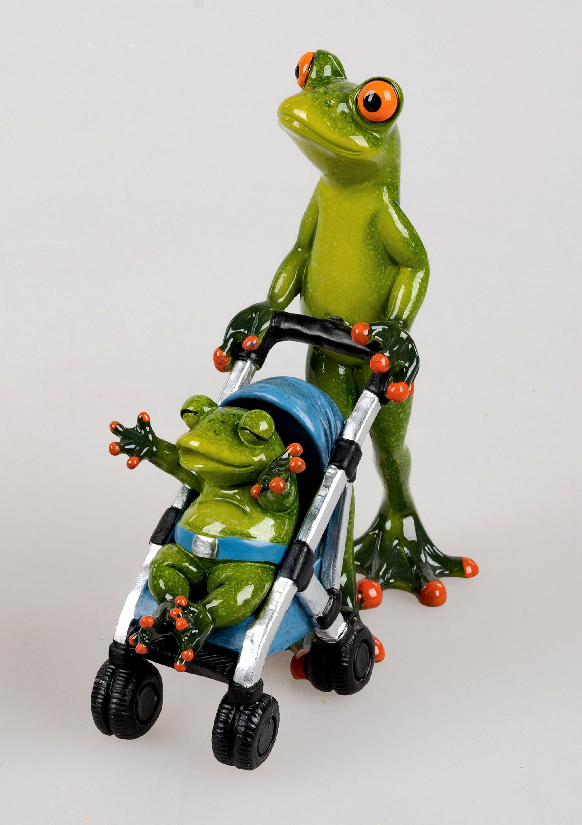 Frosch Mann mit Buggy + Baby, blau, ca. 17cm