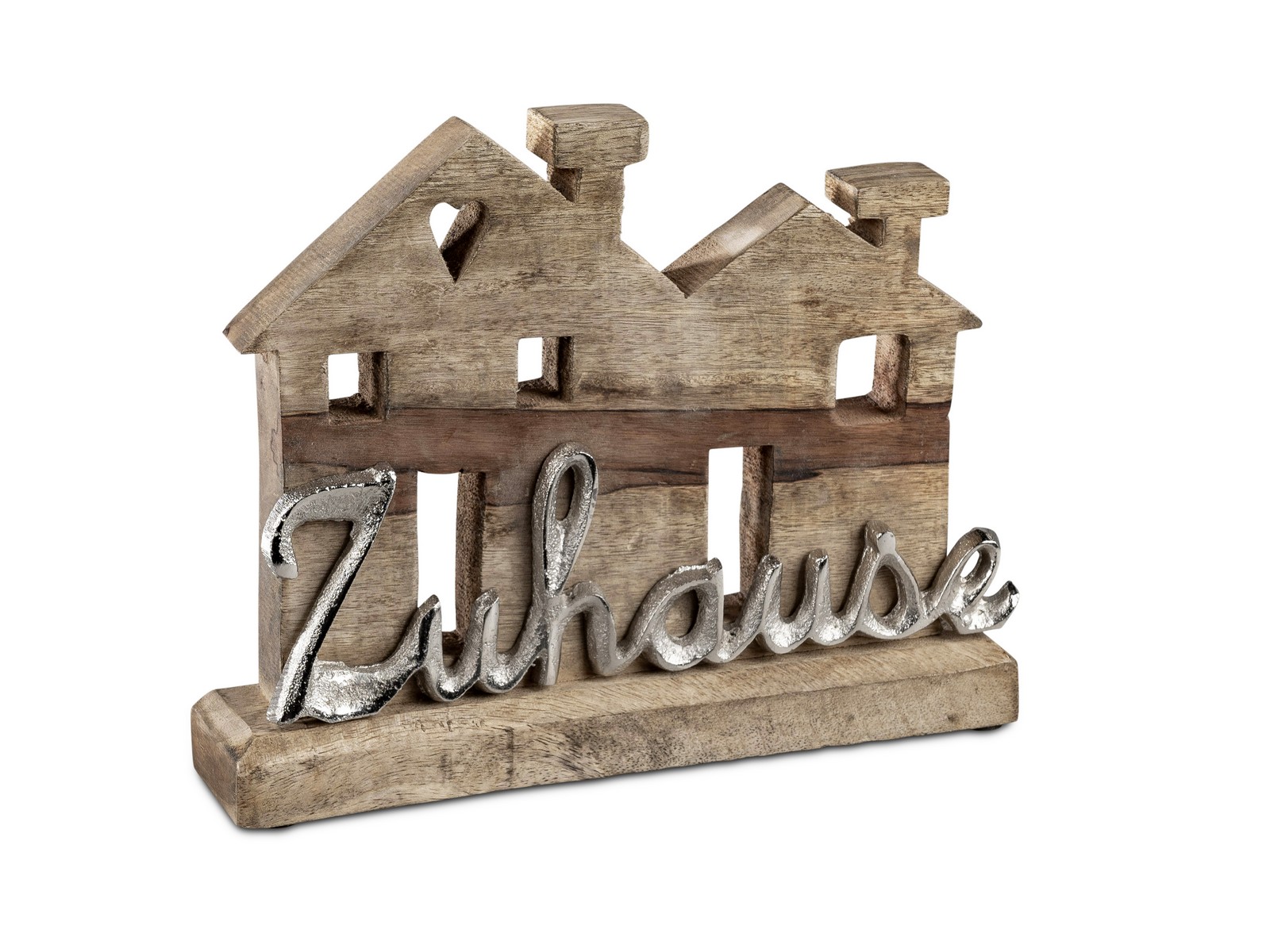 Haus mit Schrift "Zuhause" 24x21cm aus Mangoholz mit silbernem Alu kombiniert