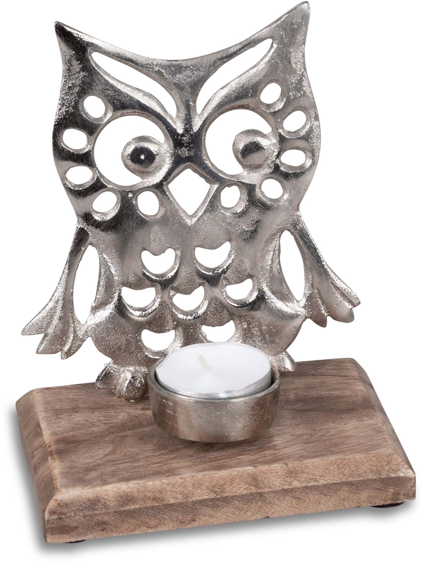 Eleganter Eulen-Teelichtleuchter aus Aluminium und Mangoholz 13 x 16cm 510648