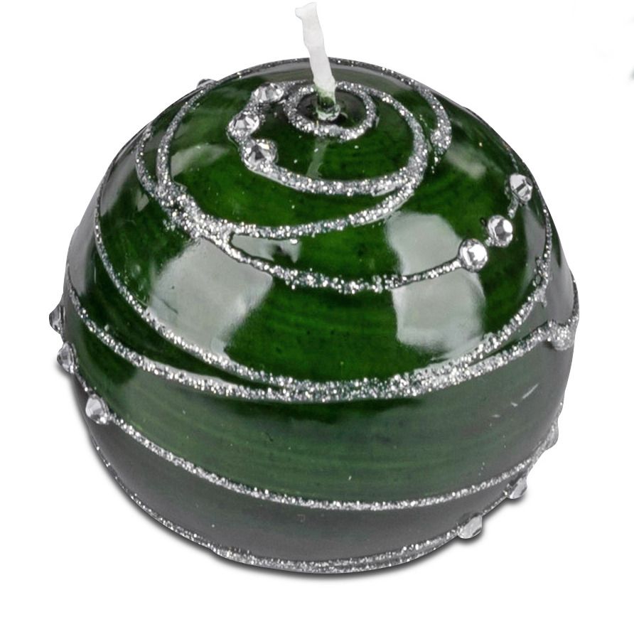 Kugelkerze 6cm Dunkelgrün mit Silberner Glitzer-Spirale