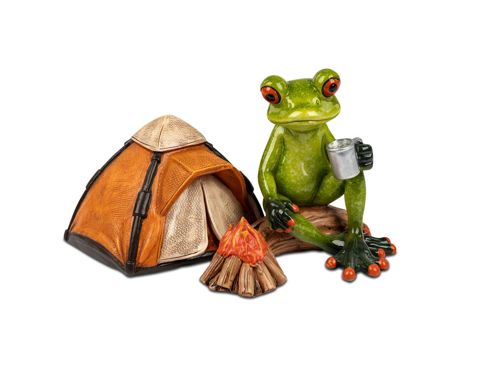 Dekofigur „Frosch mit Zelt & Lagerfeuer“ – 16 cm – handbemalt