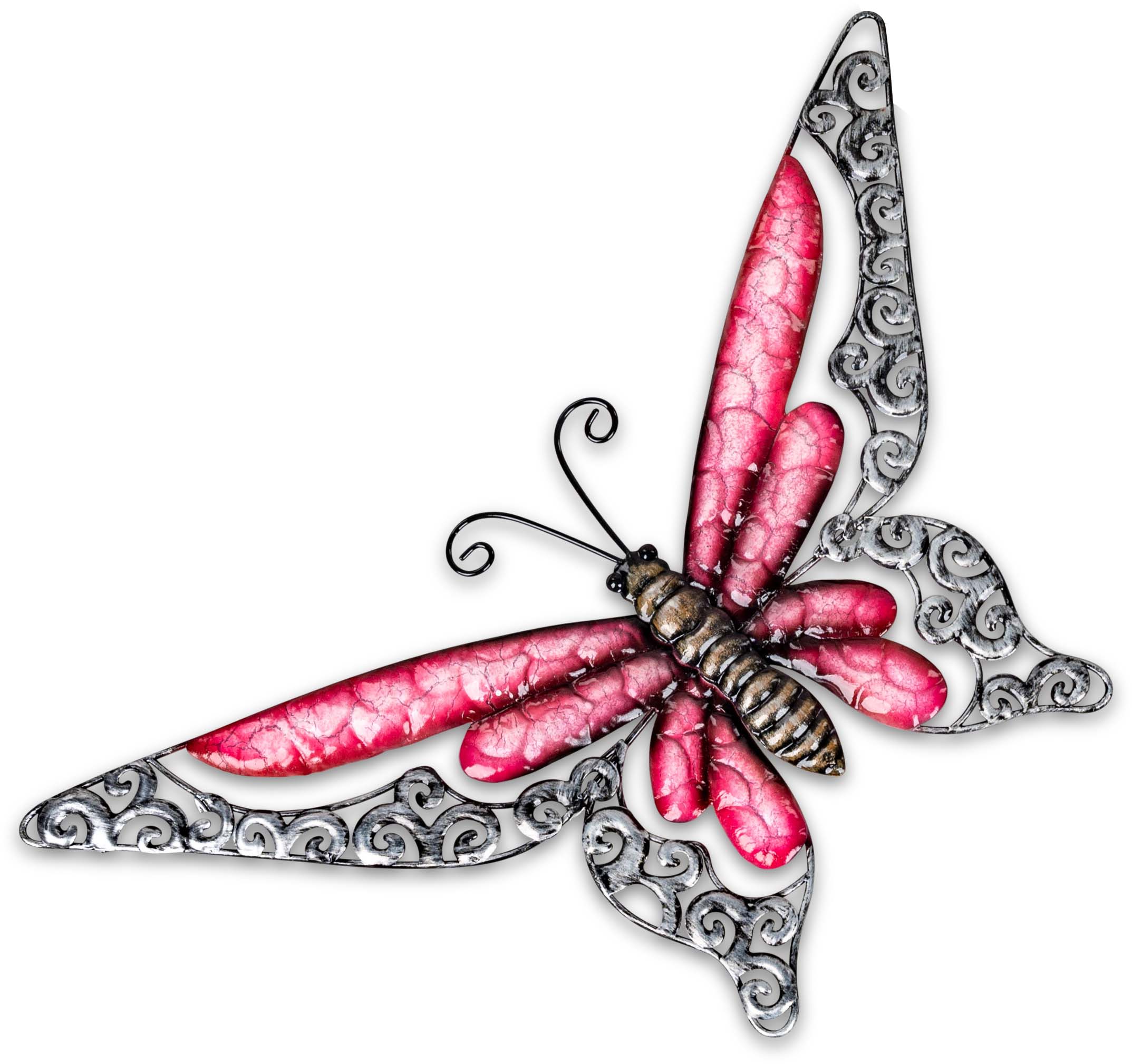 Wanddeko Schmetterling pink aus Metall – 36x21cm, mit Durchbruchdesign
