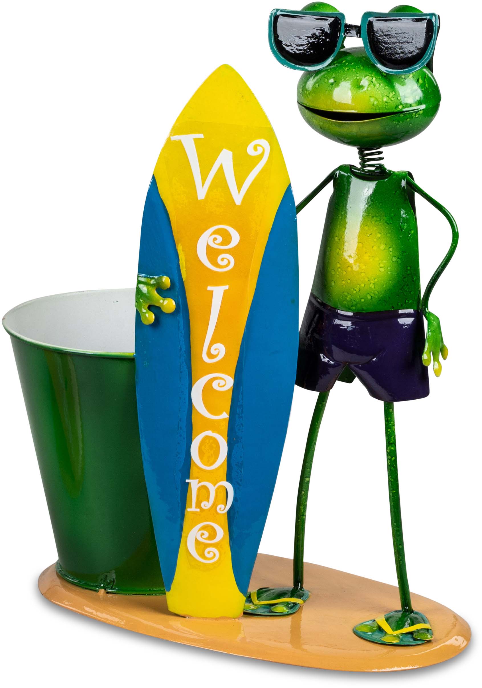 Gartenfigur "Frosch mit Pflanztopf und Surfbrett" 30cm aus Metall, handbemalt 555038A