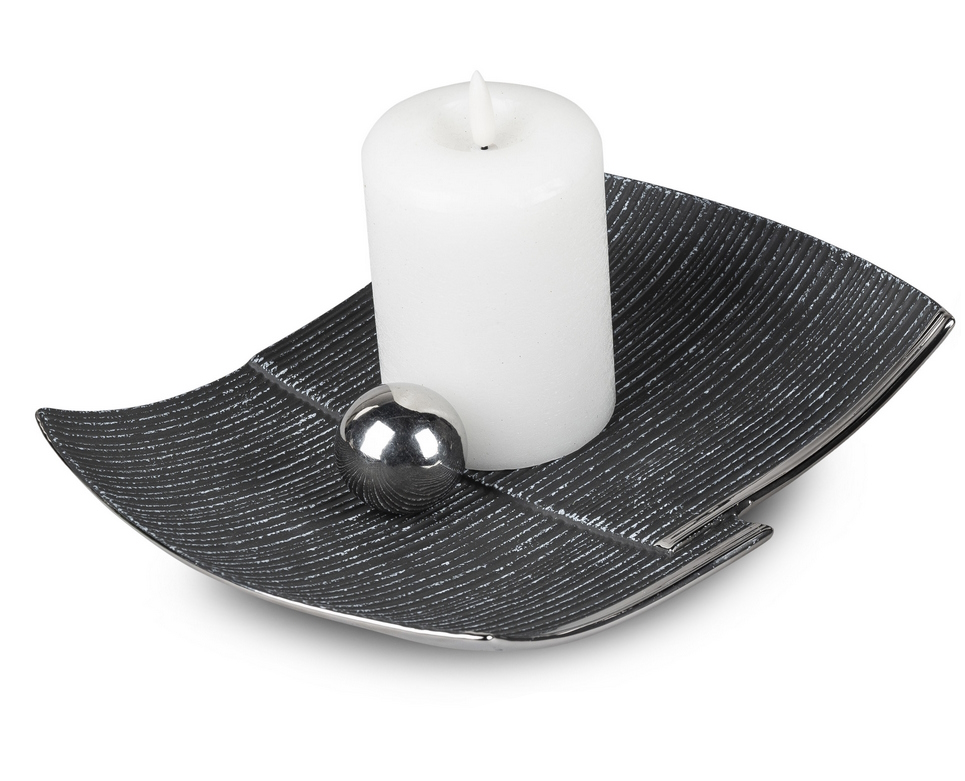 Elegante Deko-Schale 26x20cm in Anthrazit-Silber – Keramik mit Relief und Silberrand