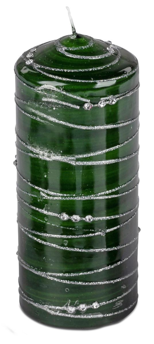 Dunkelgrüne Kerze mit Silber-Glitzer-Spirale, 11 cm hoch