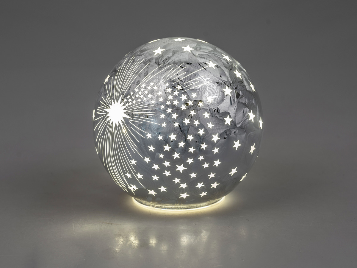 Deko Kugel Frosty Silber aus Farbglas Geeiste Optik mit LED-Licht und Timer, 15cm