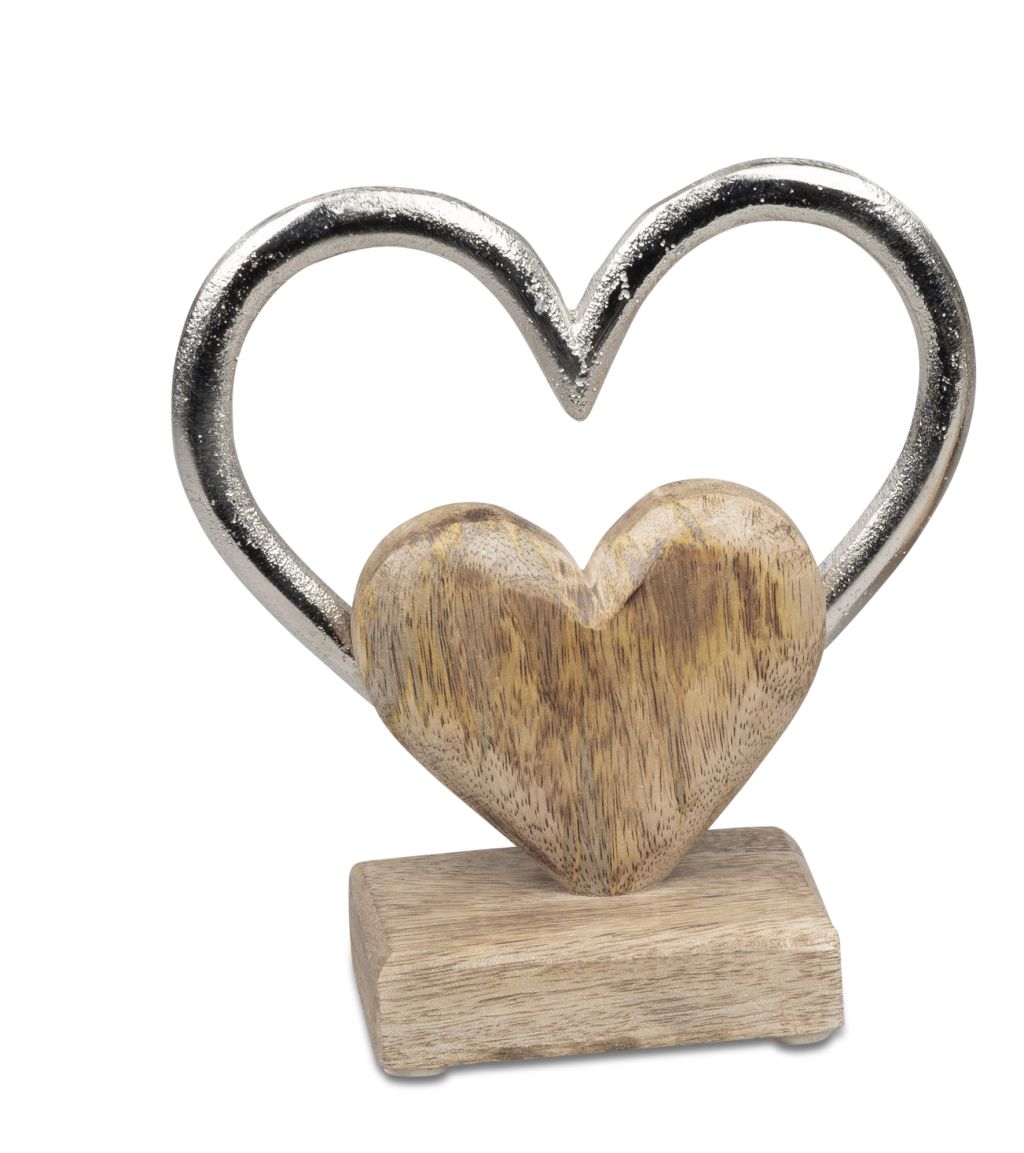 Herz auf Fuß 17cm - Massives Mangoholz & silbernes Aluminium