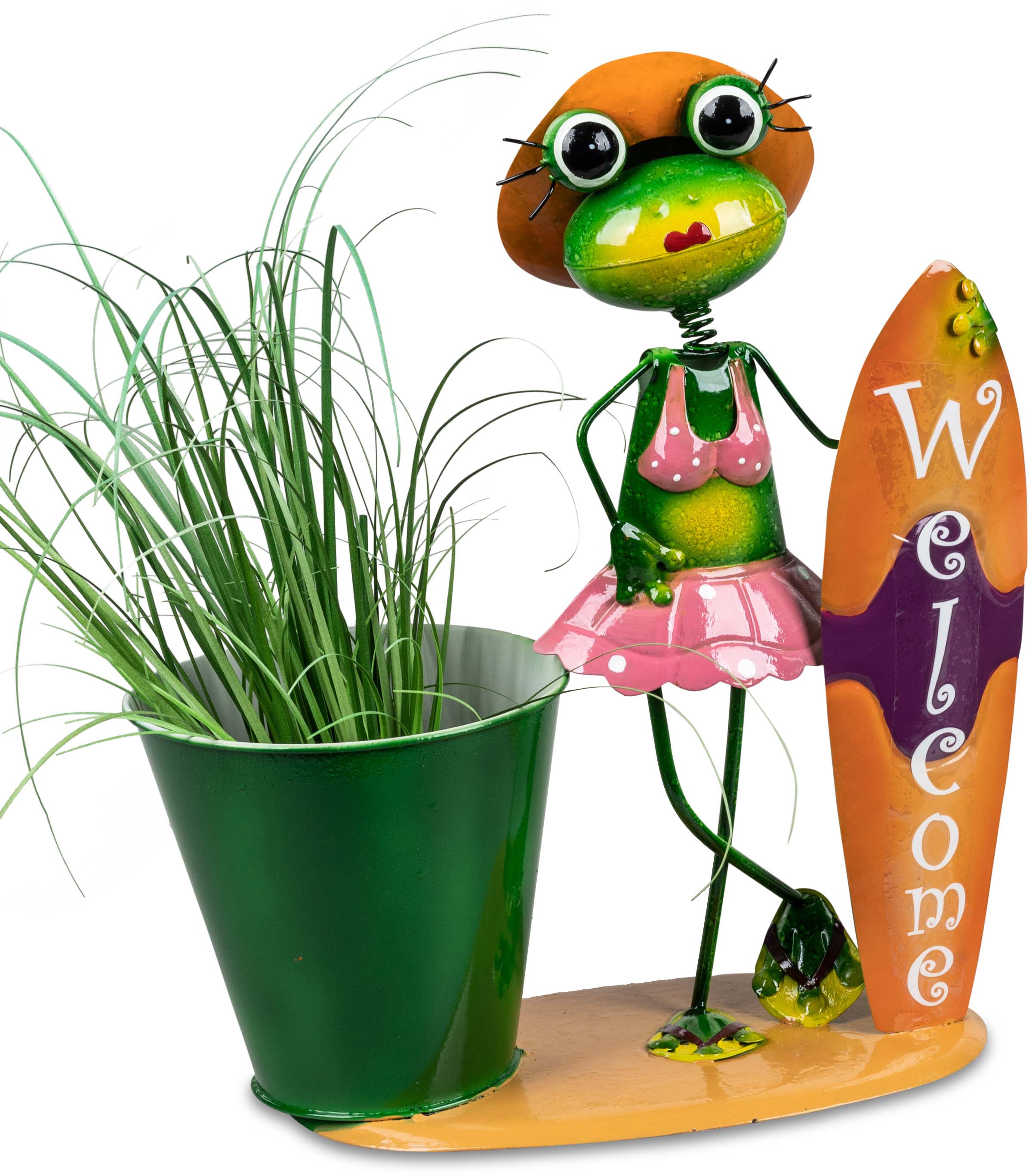 Gartenfigur "Frosch mit Pflanztopf und Surfbrett" 30cm aus Metall, handbemalt 555038B