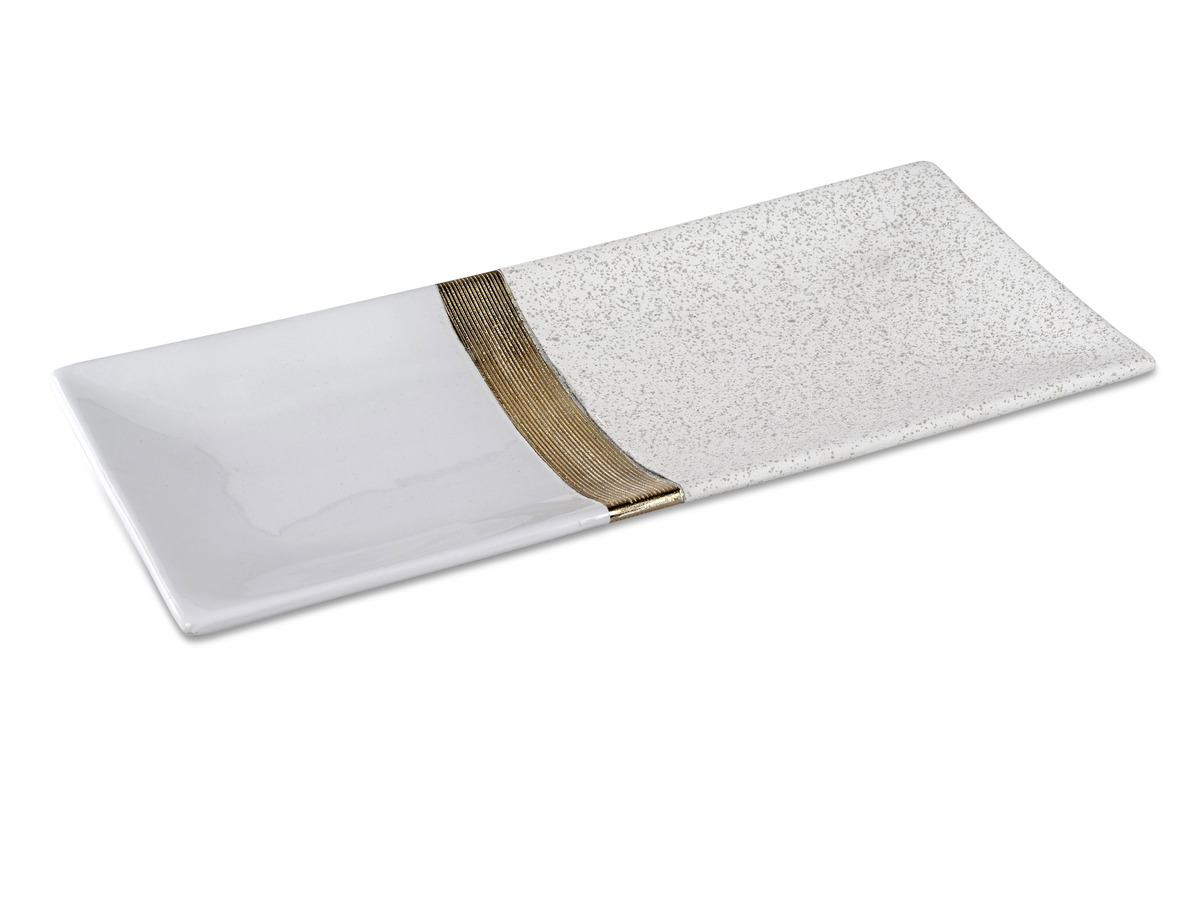 Keramik Deko-Schale Weiß-Gold 40x17cm mit Glasiertem und Matt-Gesprenkeltem Design