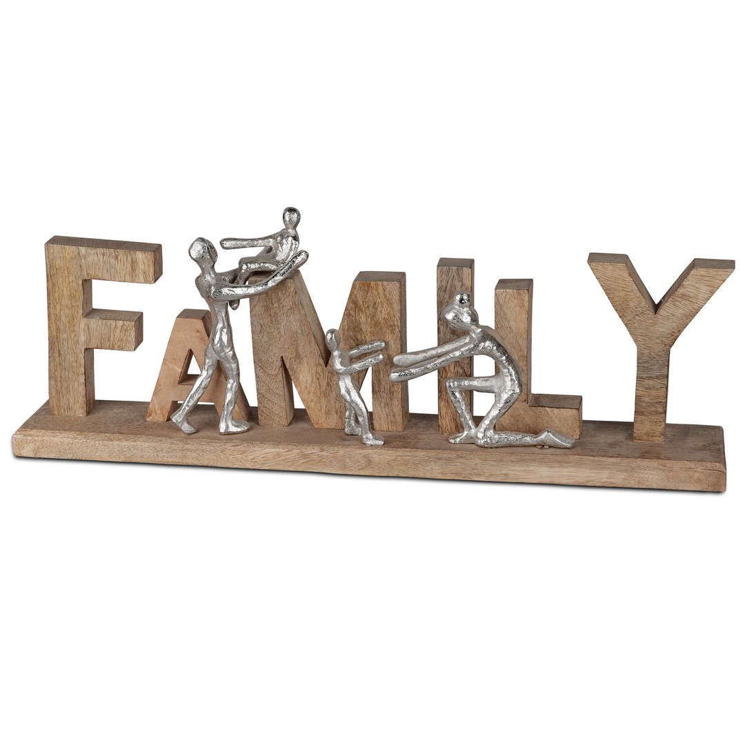 Schriftzug Family - 54x20cm - Massives Mangoholz mit Silbernen Alu-Elementen