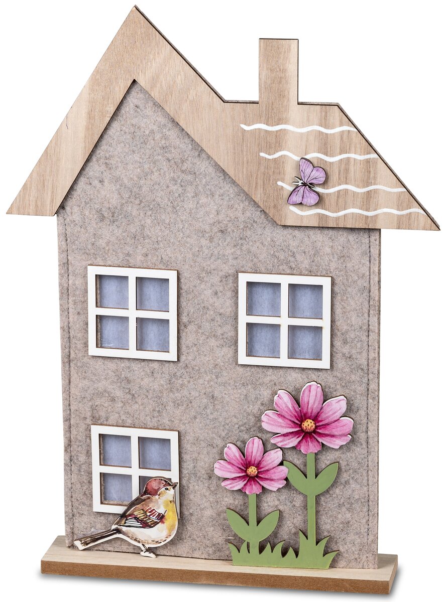 Charmantes Deko-Haus aus Holz und Filz mit Blume und Vogel