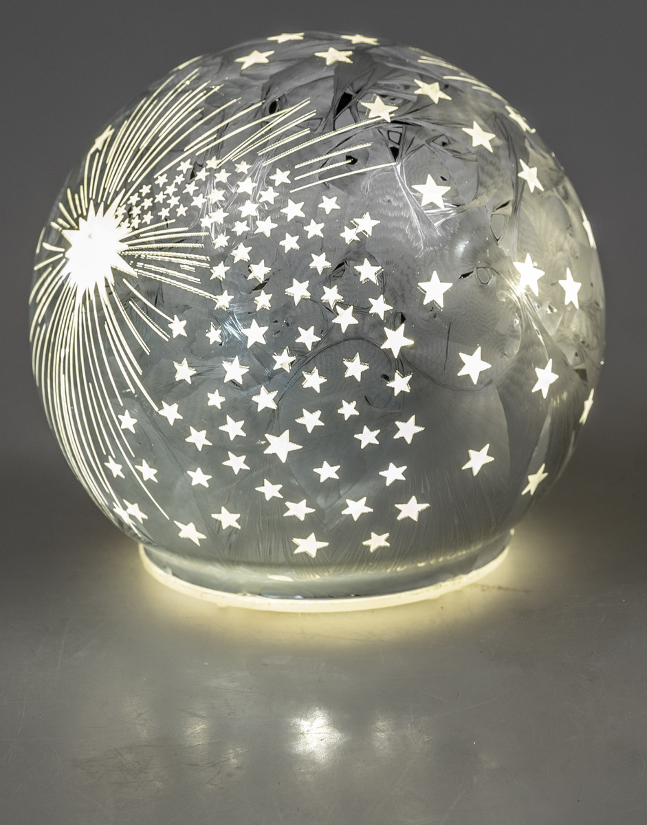 Deko Kugel Frosty Silber aus Farbglas Geeiste Optik mit LED-Licht und Timer, 10cm