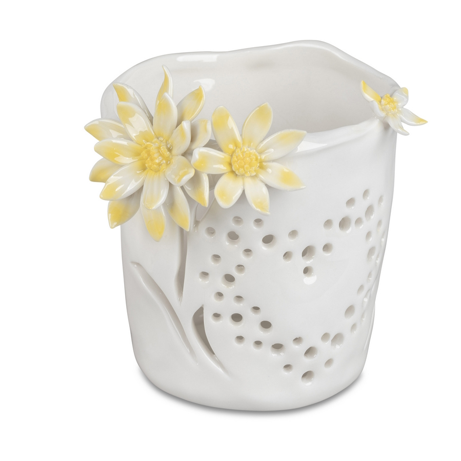 Handbemaltes Windlicht mit Gänseblümchen – 11cm, aus weiß-glasiertem Porzellan
