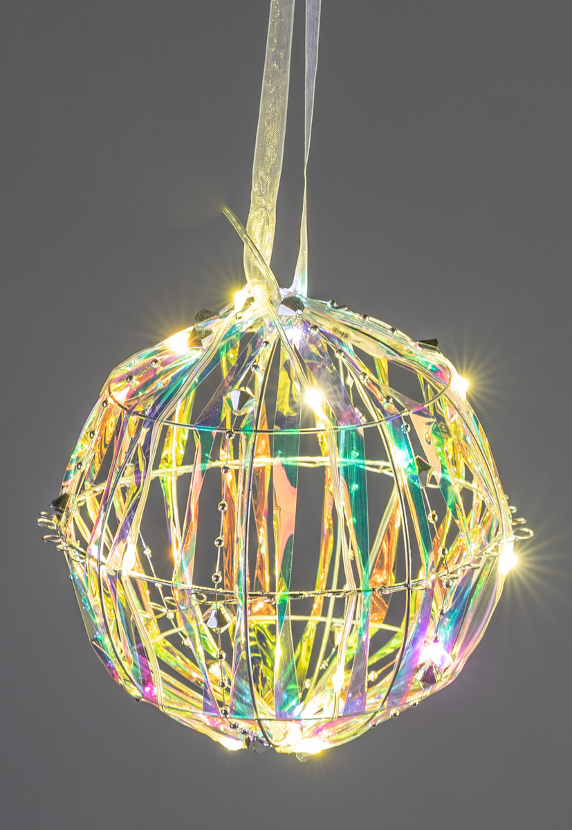 Deko-Kugel 15 cm mit 15 LED-Lichtern, Metall und Kunststoffbänder, mit Adapter und Timer
