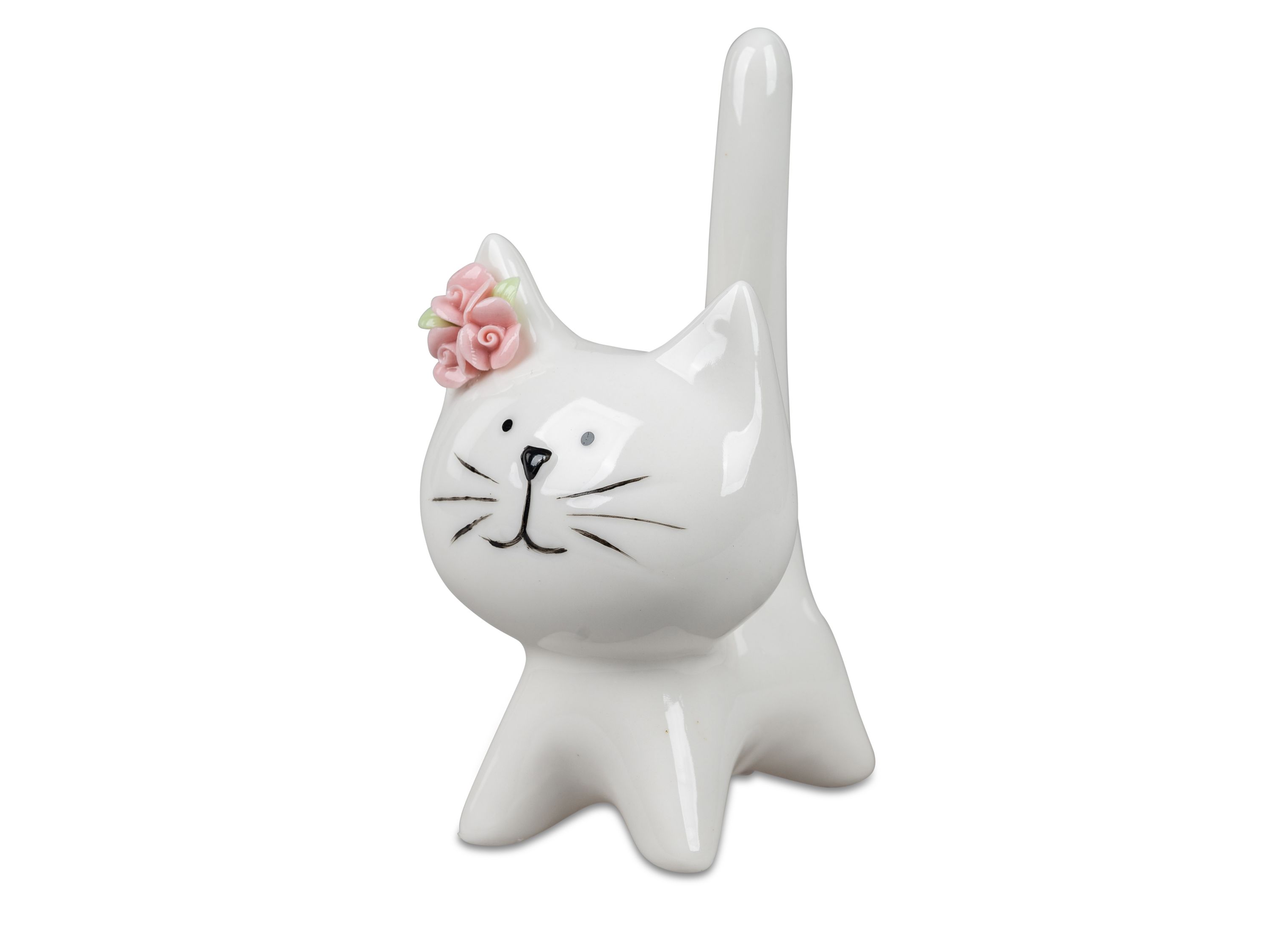 Deko Katze 12cm aus weiß-glasiertem Porzellan, handbemalt mit aufgesetzter Rose
