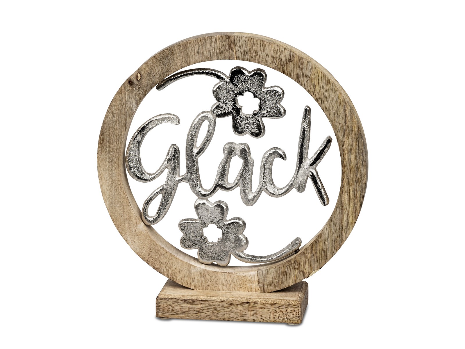 Schriftzug "Glück" im Kreis auf Sockel - Ausdrucksstarkes Deko-Element aus Silber-Aluminium und massivem Mangoholz (24x27 cm)