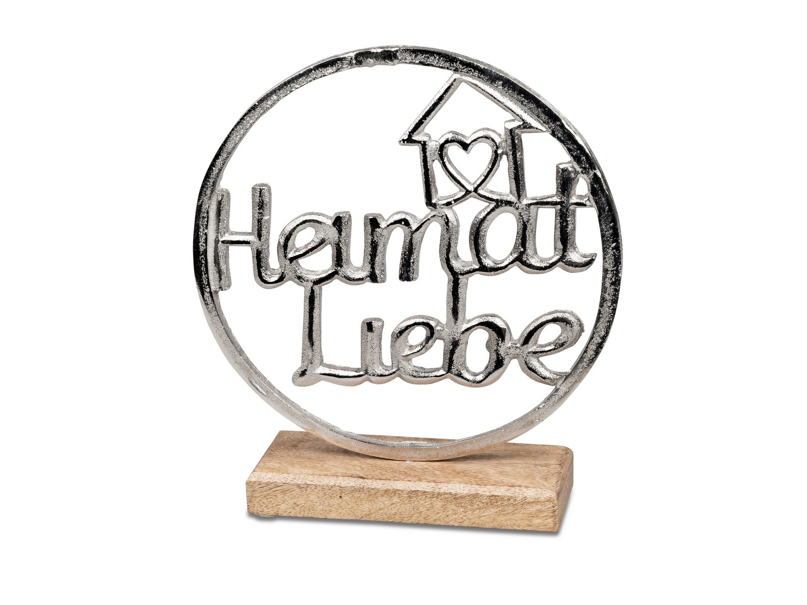 Schriftzug "Heimatliebe" im Kreis auf Sockel - Stilvolles Deko-Element aus Silber-Aluminium und massivem Mangoholz (24x22 cm)