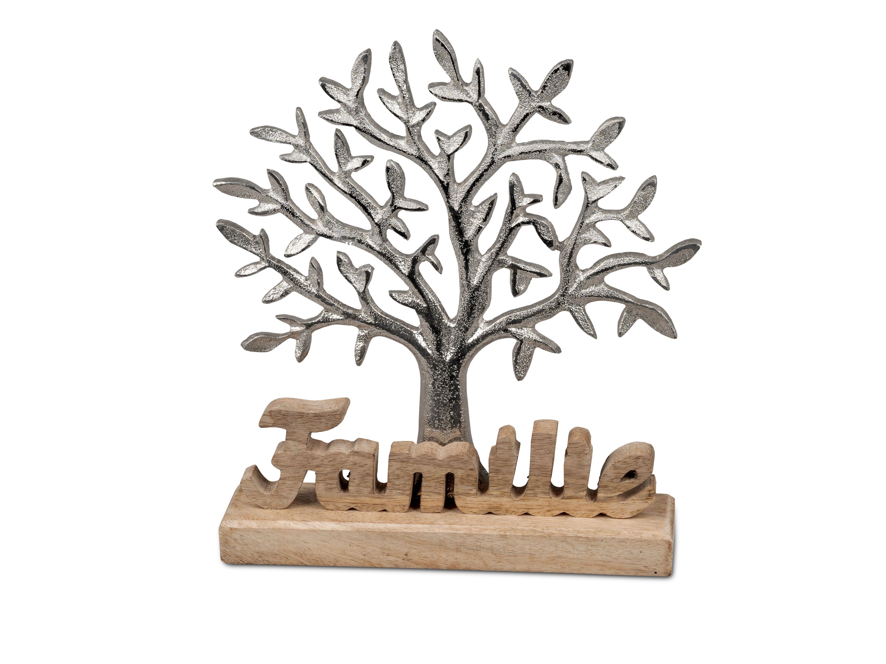Familie + Baum Schriftzug aus silbernem Aluminium & massivem Mangoholz, 26x23cm