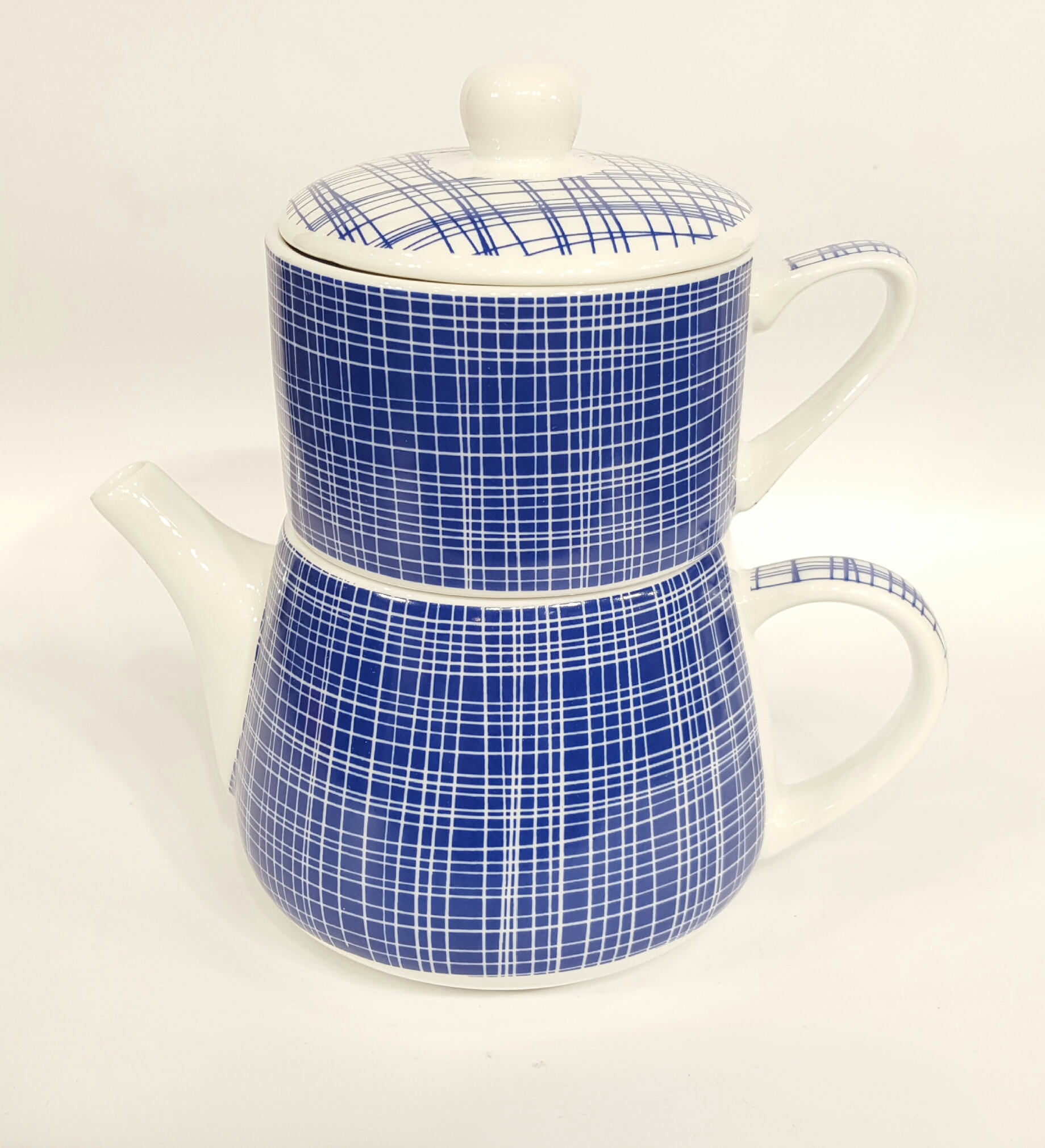 Tea for one "Nippon" Porzellan Blau mit weißen Linien/Linien