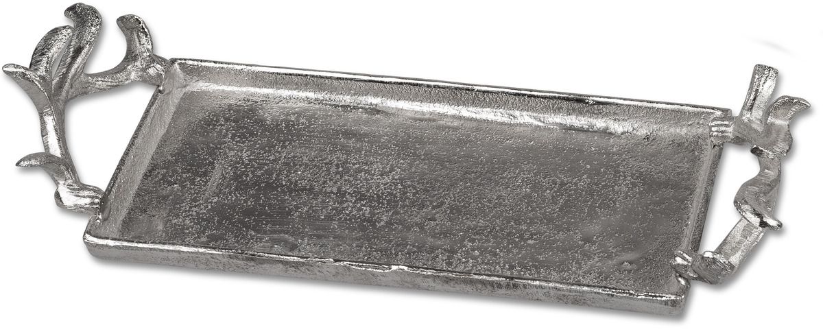 Eckiges Tablett 38x14cm mit Geweih-Griff aus gehämmertem Aluminium in Silber